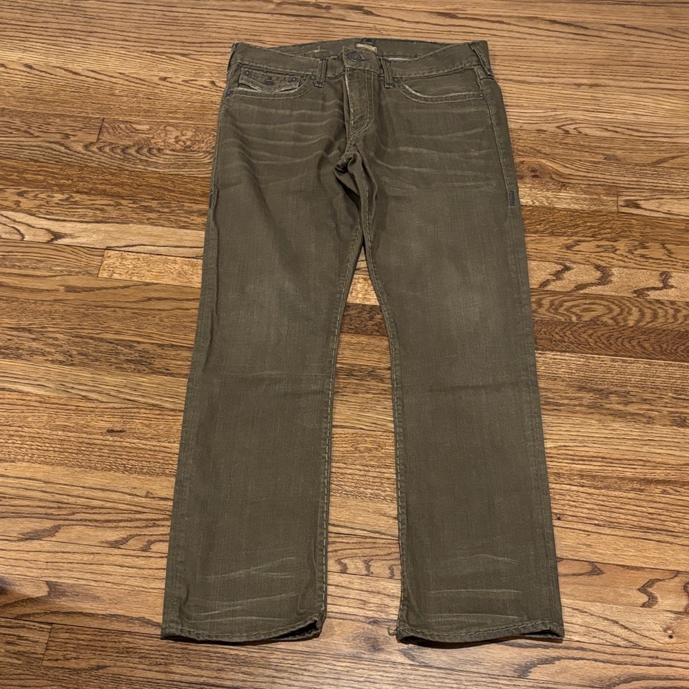 True Religion Vintage Olive Green/Brown Ricky Relaxed Straight-Leg Jeans 36